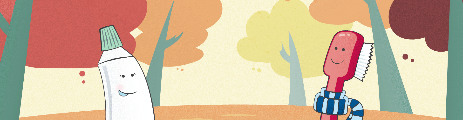 Teeth and dental tools in fall scene.