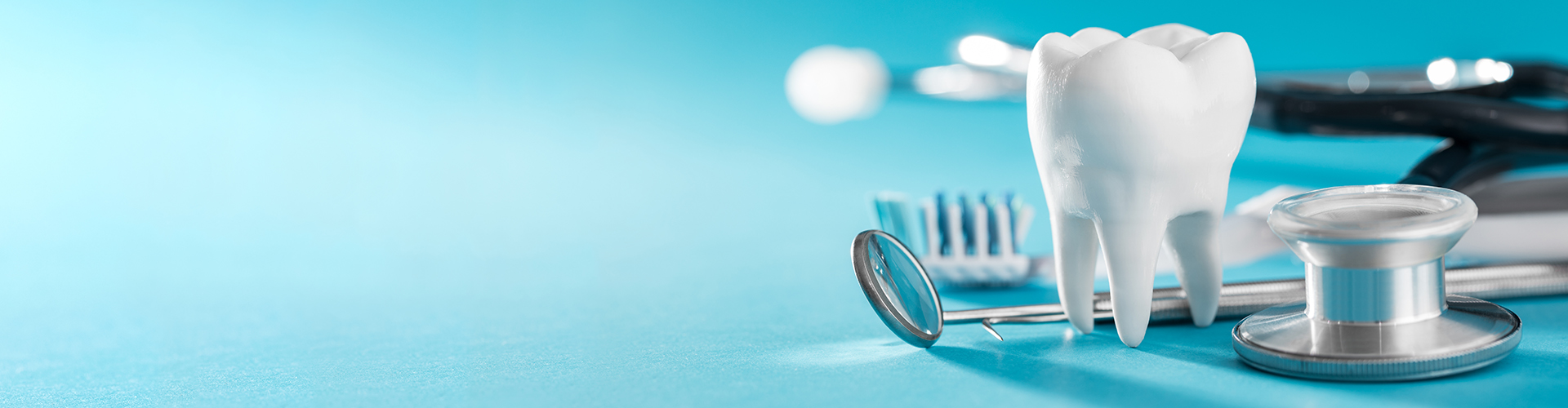 Tooth model, dental mirror, and tooth brush.