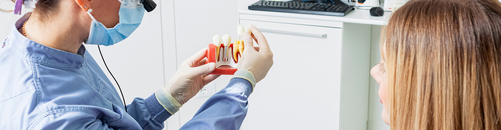 dentist showing implant model to patient