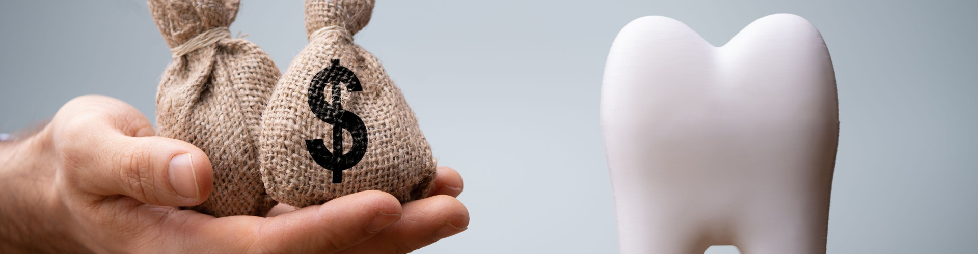 Hand holding money bags by a large tooth.